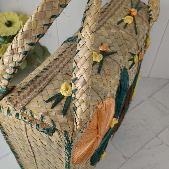 Vintage Large Woven Straw Raffia Bag Tote 1960s MCM Beach Floral - Picture 16 of 16